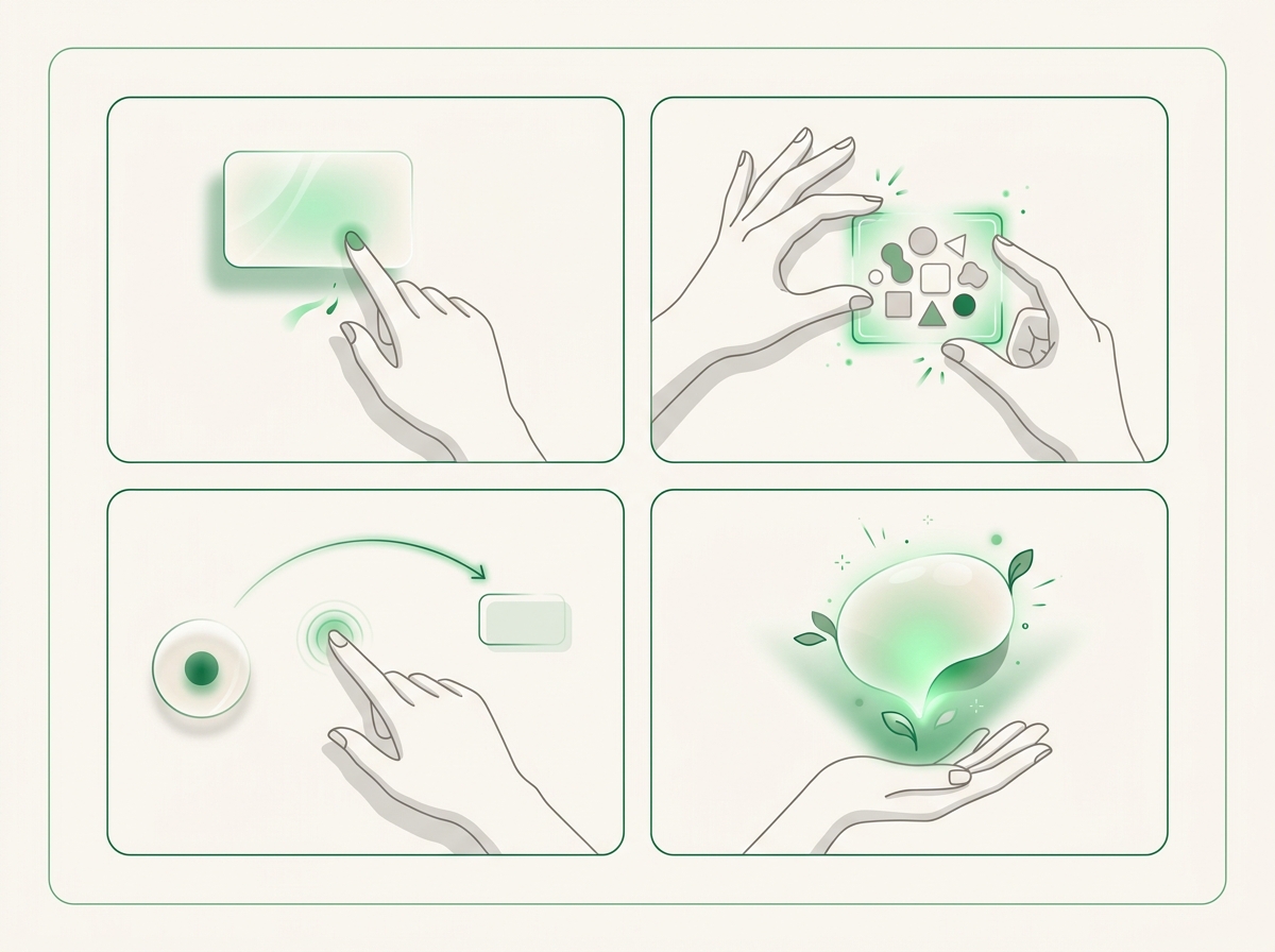Four gestures: point to edit one object, two-hand pinch to frame a region, point-to-point to move, and an open hand to grow a new object.