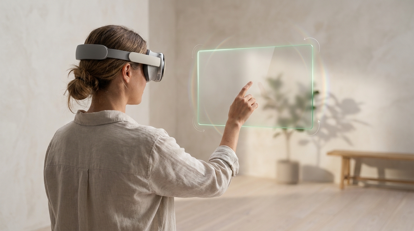 A person in a mixed-reality headset points at a floating glass panel that is resizing in response.
