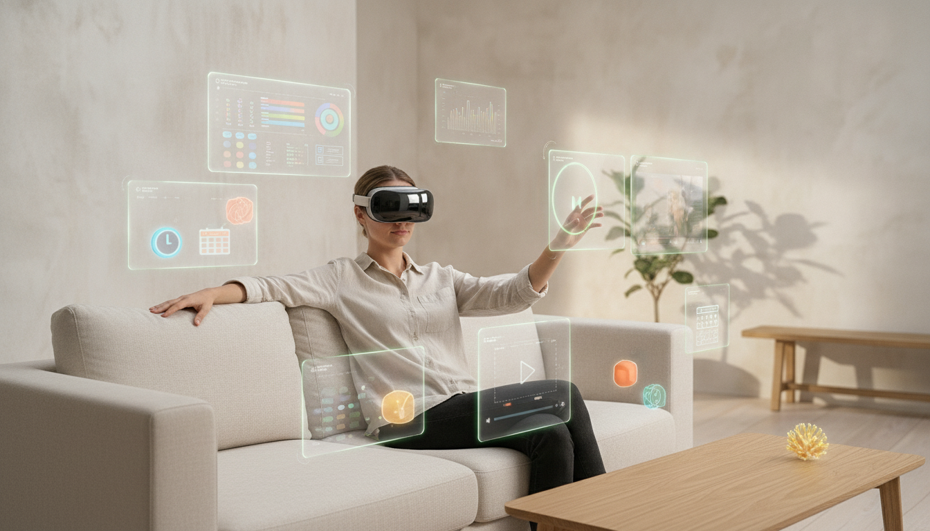 A person relaxes on a couch in a mixed-reality headset, surrounded by their own spatial workspace: floating 2D windows with charts and a dashboard, music and video player panels, and colorful 3D widgets anchored around the room and on a shelf, one highlighted as they edit it by reaching out.